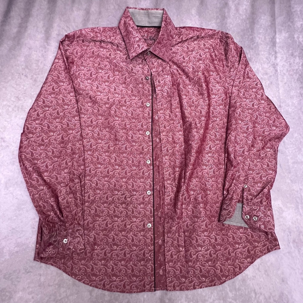 Tasso Elba Button Down Shirt Mens L Burgundy Paisley Long Sleeve Excellent